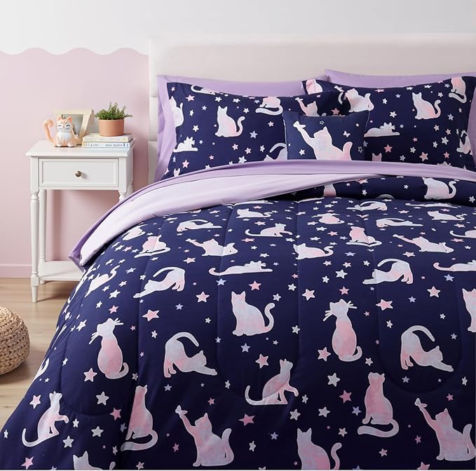 Full Size Comforter Set for Girls-4 Pieces Cat Patterns Full Bedding Set with 1 Comforter, 1 Decor Pillow &2 Pillow Shams