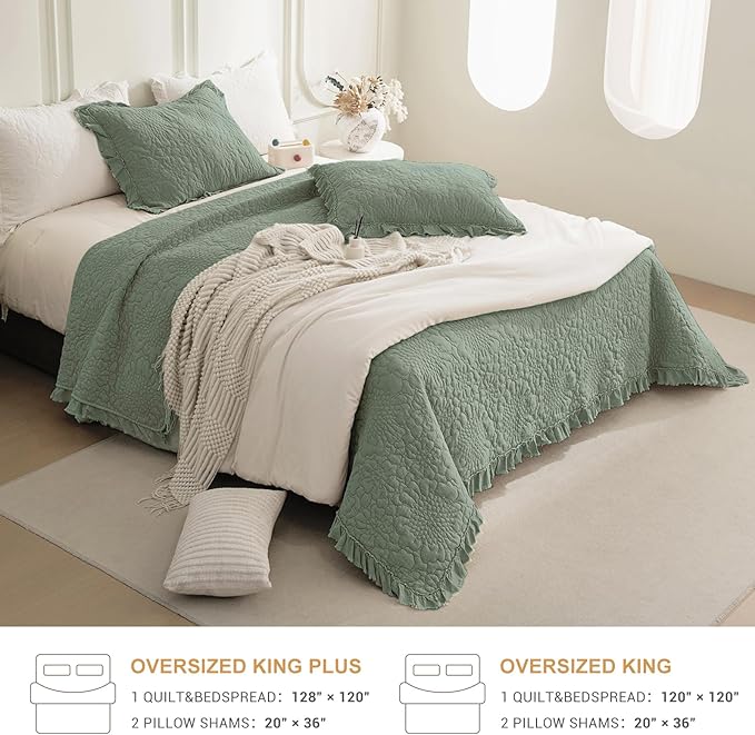 QSH 3PCs Olive Green Oversized King Quilt Bedspread Set(120"x120"),Stonewashed Cotton Ruffled Quilt California King,Ultra Soft Lightweight Crinkled Shabby Bedspread Coverlet Bed Set for All Seasons