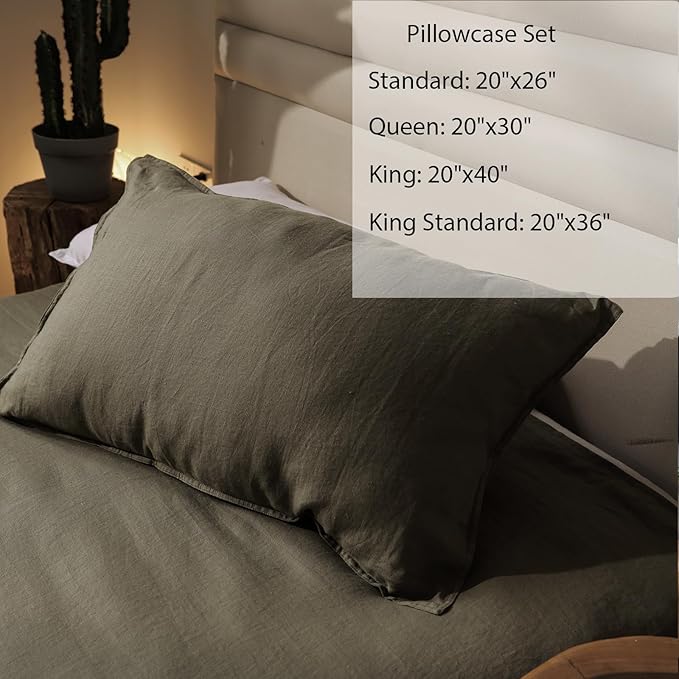 XZ XIFA Linen Pillowcases Queen - Pack of 2-100% Natural Washed French Flax, Breathable, Durable, Textured Envelope Pillowcases - Olive Green, 20'' x 30''