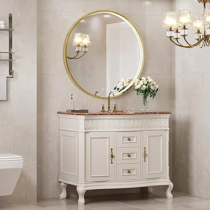 32" Round LED Bathroom Mirror, Dimmable Anti-Fog Vanity Mirror with Touch Control, 6000K Natural Light, Gold Metal Frame, Wall Mounted for Makeup Shaving (IP54, 90+ CRI)