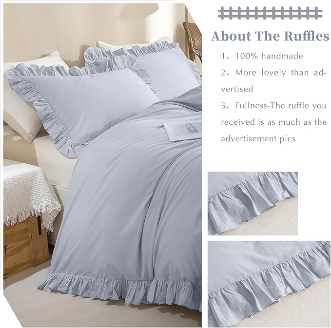 QSH Washed Cotton Ruffle Duvet Cover King Size,3 Pieces Cornflower Blue Farmhouse Vintage Shabby Comforter Cover Linen Feel French Country Rustic Bedding Set Soft Breathable Quilt Cover Set