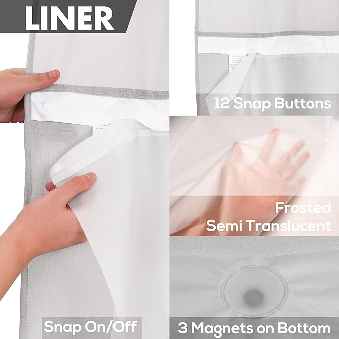 Long No Hook Slub Textured Shower Curtain with Snap-in PEVA Liner Set - 71" x 80"(78"), Hotel Style with See Through Top Window, Grey Fabric Curtain & Waterproof Liner, Gray, 71x80