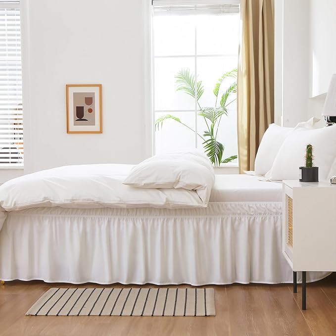 MEILA Wrap Around Bed Skirt Three Fabric Sides Elastic Dust Ruffled 24 Inch Tailored Drop,Easy to Install Fade Resistant-Natural White, Twin/Full