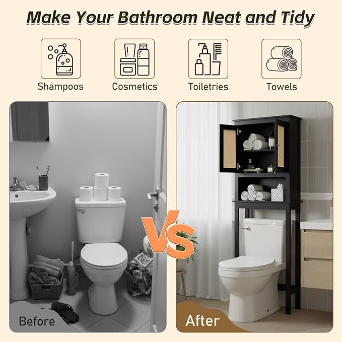 Over The Toilet Storage Cabinet, Behind Toilet Bathroom Organizer with Adjustable Shelves, Wooden Above Toilet Storage Shelf, Space Saver for Restroom, Bathroom, Laundry