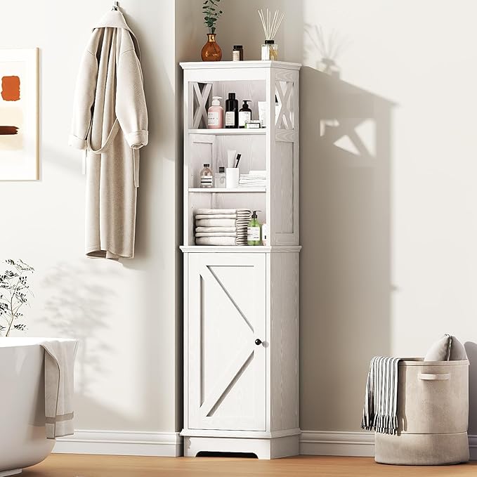 Tall Bathroom Storage Cabinet with Door and Open Adjustable Shelves, 60.9" H Wooden Tower Corner Narrow Farmhouse Cabinet, Freestanding Organizer for Kitchen, Entryway White