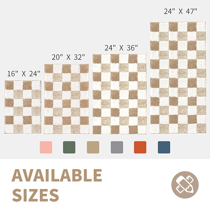 CozeCube Bath mats for Bathroom Non Slip, Fluffy Absorbent Microfiber Bath mat Washable, Aesthetic Bathroom Rugs, Small Beige Checkered Bath mat, Beige, 24" x 16"