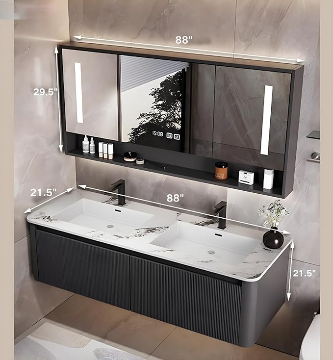 Bathroom Vanity Cabinet, 88" Bathroom Vanity with Sink & Intelligent Defog LED Mirror, Solid Wood Float Vanities, Wall-Mount Bathroom Cabinet with Drawer, Undermount Double Sink, Faucet, Drain(Black)