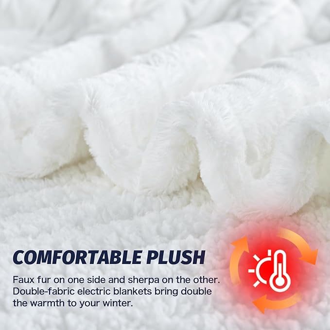greenoak Heated Electric Blanket Throw, Faux Fur Sherpa Heating Blanket for Sofa Bed, Warm Winter Gifts for Women/Men, Heater Lap Blankets 5-Position Timer &10 Heating Levels 50''*60" Whtie