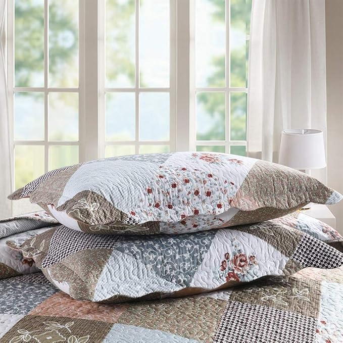 ENJOHOS 3-Piece Quilt Bedspread Sets Queen Size Coverlet Lightweight Reversible Bedspread for Queen Bed Korean Style Flower Garden on Pink Checker Daybed Bedding