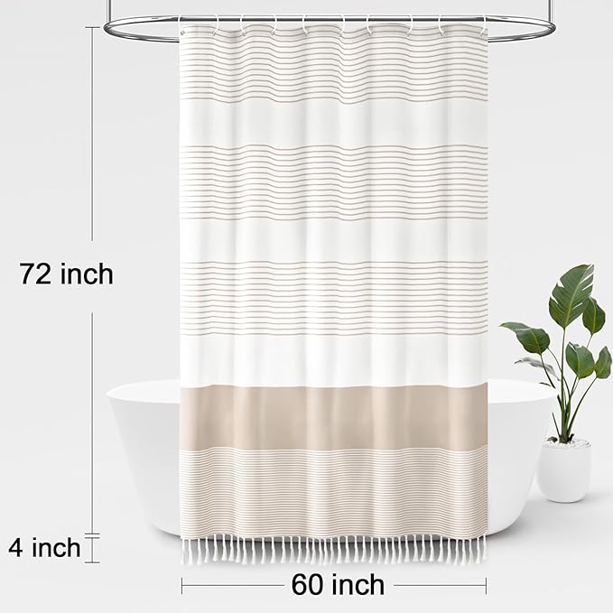 Awellife Boho Beige Shower Curtain for Bathroom Cotton Stripe Tassel Shower Curtain 60 X 72 Inches Natural Texture