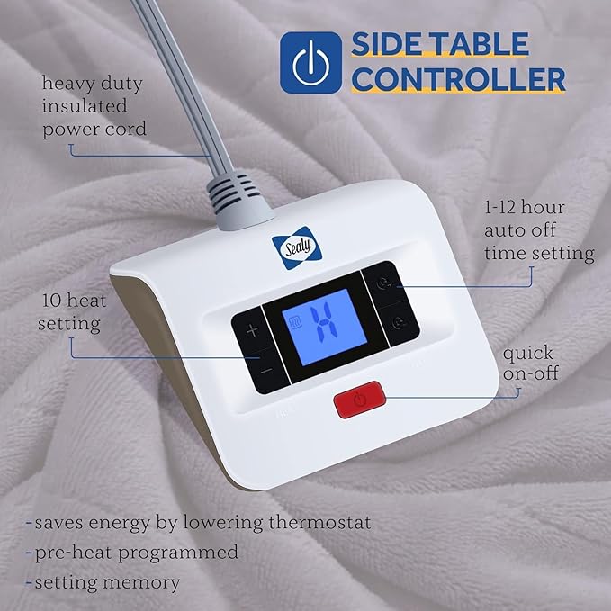 Sealy Electric Blanket Twin Size, Flannel Heated Blanket with 10 Heating Levels & 1-12 Hours Auto Shut Off, Machine Washable, Light Grey, 62 x 84 Inch