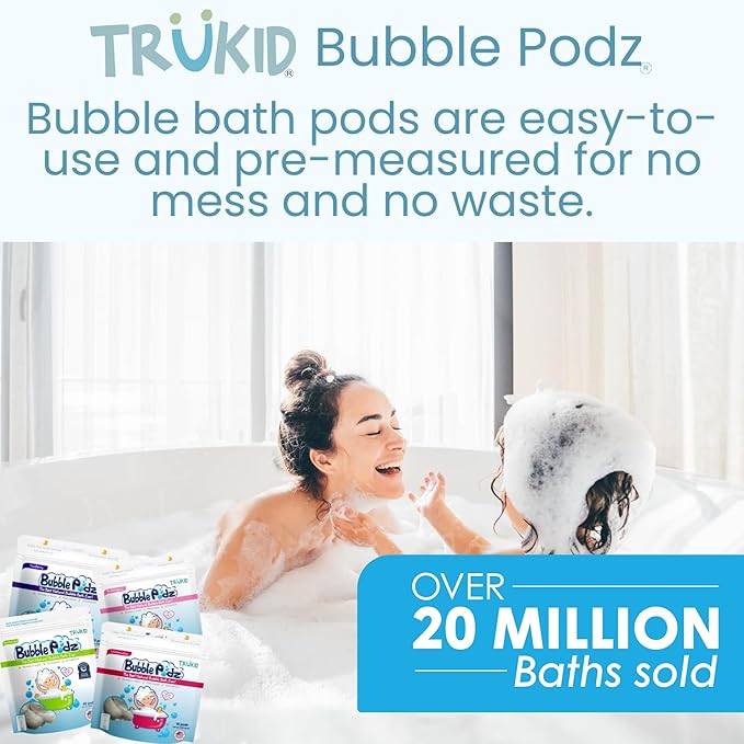 TruKid Bubble Podz Bubble Bath for Kids, Toddlers, & Babies, Tear Free Gentle & Refreshing Bath Bomb for Sensitive Skin with Natural Moisturizers, Non-Toxic, pH Balanced, Yumberry Scent (24 Podz)