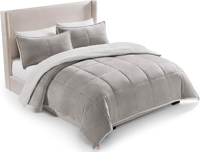 UGG Blissful Comforter Set with 2 Pillow Shams Reversible White Comforter Plush Fluffy Warm Bed Set Premium Hypoallergenic Down Alternative Bedding Breathable, King/California King, Seal Gray