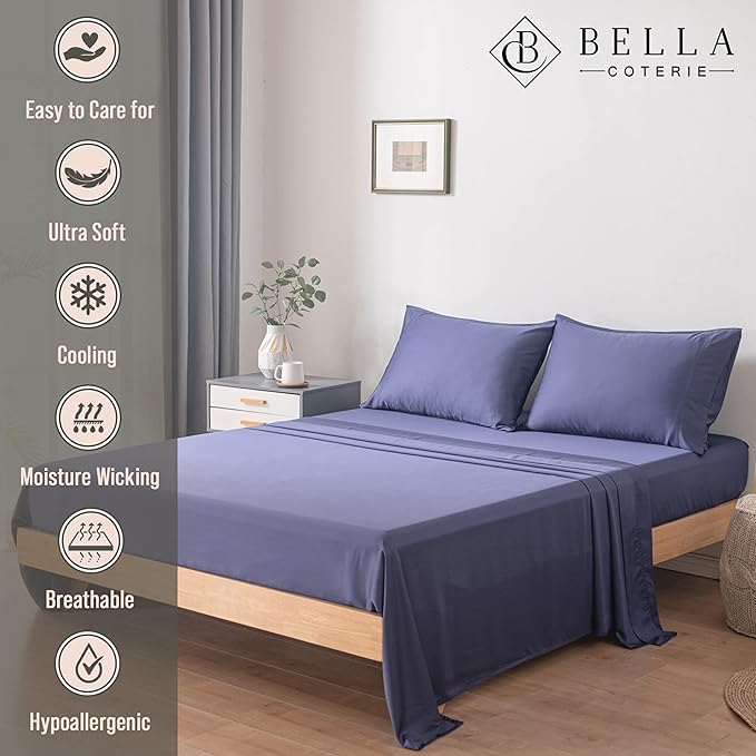 Bella Coterie Luxury Bamboo Viscose King Size Sheet Set | 100% Organically Grown | Ultra Soft | Cooling for Hot Sleepers | 18" Deep Pocket [Twilight Blue]