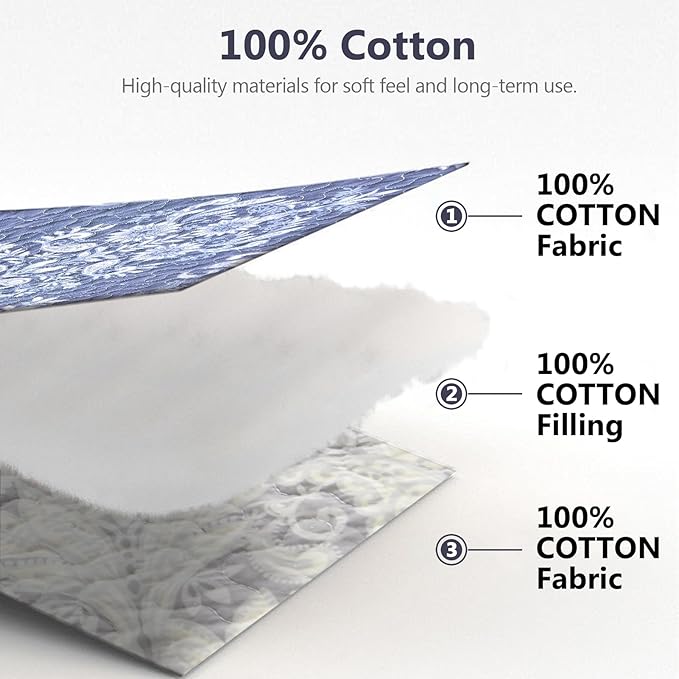 100% Cotton Quilt Set Queen Size - Damask Pattern Quilted Comforter, Vintage Reversible Queen Quilt Bedspread, Lightweight Bedding for Queen Bed, 3pcs, Blue