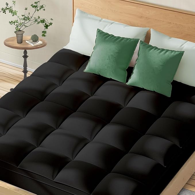 Topllen Cal King Mattress Topper for Back Pain Relief, Extra Thick Pillow Top Plush Mattress Pad with Deep Pocket, Soft Pillowtop California King Size Bed Toppers Filled Fluffy, Black