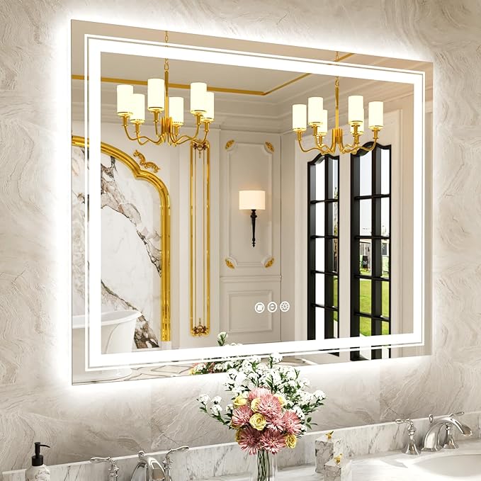WTTY 48"x40" LED Bathroom Mirror with Lights, Front Lighted Bathroom Vanity Mirrors for Wall, Anti-Fog, Dimmable Wall Mirrors for Bathroom, Memory, Shatter-Proof, Double LED Vanity Mirror