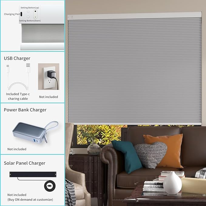 MYshade Motorized Cellular Shades - Smart Blinds Compatible with Alexa/Google Home/SmartThings, 100% Blackout Rechargeable Cordless Honeycomb Blinds, Custom-Size Auto Shades for Windows (Grey)