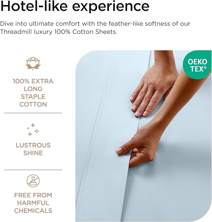 Threadmill 100% Cotton Sheets for King Size Bed - 600 Thread Count King Bed Sheets Set with 16” Deep Pocket - Sateen Weave 4-Piece Bedding Set with Cooling Effect, Blue