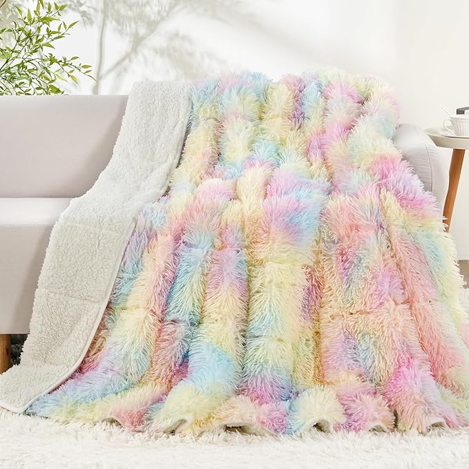 Uttermara Faux Fur Weighted Blanket 15 LBS Twin Full Size, Fluffy Fur Heavy Blanket for Sofa Bed, Super Soft Plush Fleece & Cozy Sherpa Reverse, Luxury Long Fur Adults Bed Blanket, 48" x 72", Rainbow