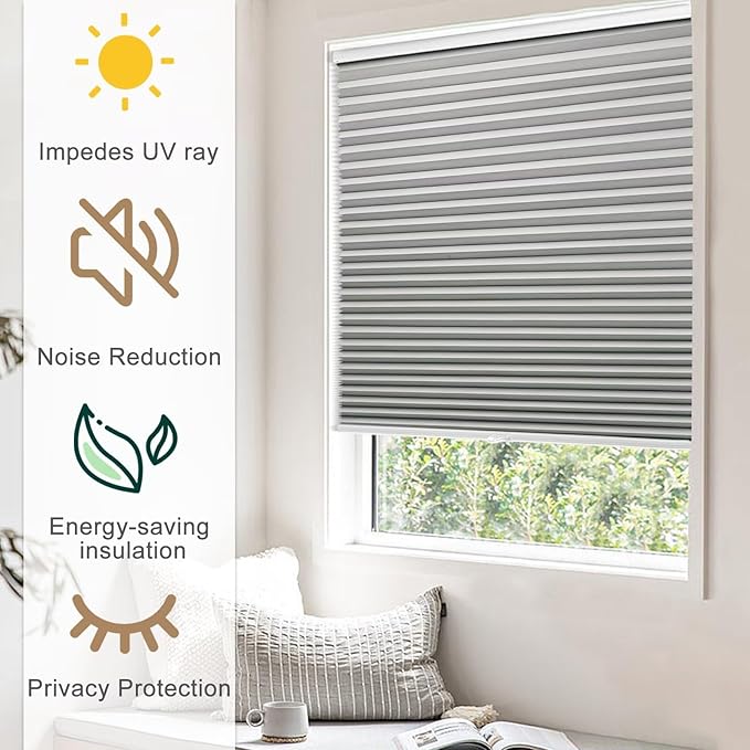 MYshade 1.5-Inch Cellular Cordless Blackout Shades,Thermal Insulating Noise Reducing Waterproof Blinds,Honeycomb Window Treatments for Indoor Light Control (Grey-35 W x 72" H)
