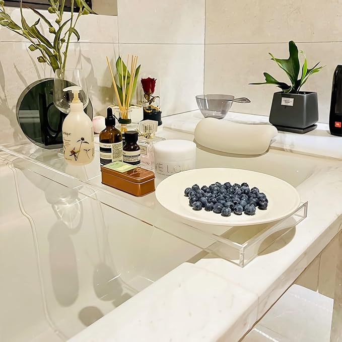 Bathtub Tray Table, Clear Acrylic, Anti-Slip Bath Caddy, 32.3 * 7.87 * 1.18in