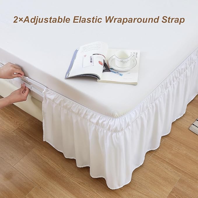 MEILA Wrap Around Bed Skirt Three Fabric Sides Elastic Dust Ruffled 16 Inch Tailored Drop,Easy to Install Fade Resistant-Natural White, Twin/Full