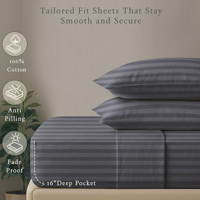 Threadmill 500 Thread Count Full-Size Damask Stripe, 4 Pc Luxury Cotton Bedding Set, Silky Smooth Dark Grey Sheets with 16" Elasticized Deep Pocket, 2 Pillowcases & Free Tote Bag