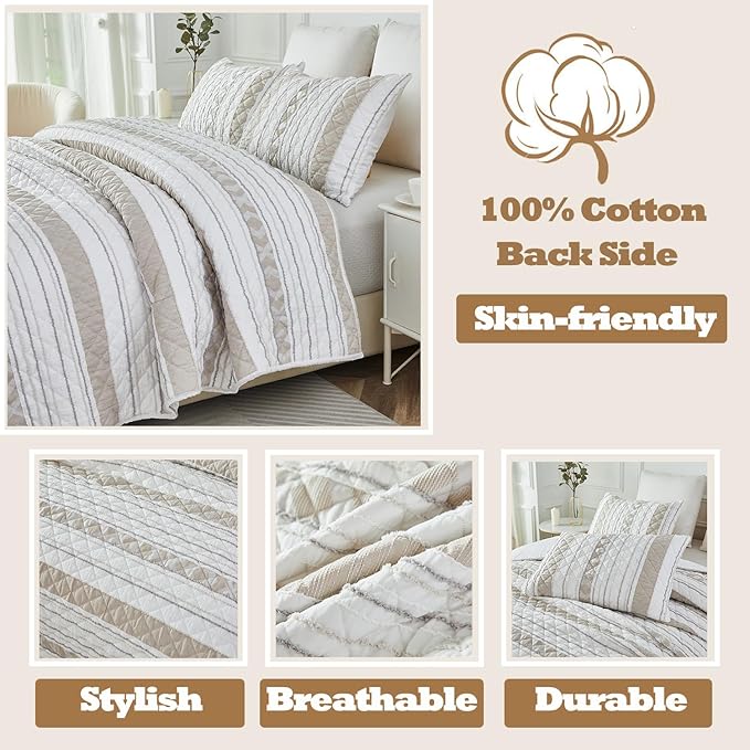 Brandream Queen Size Quilt Set Cotton Blend Patchwork Quilts White Beige Striped Quilts Modern Farmhouse Waffle Quilted Comforter Set 3-Piece