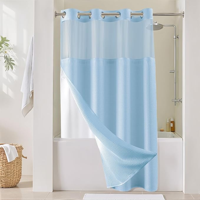 River Dream Sky Blue Fabric Shower Curtain Set, Cotton Blend, Waffle Weave, with Snap in Replacement Liner，54 x 80 inches