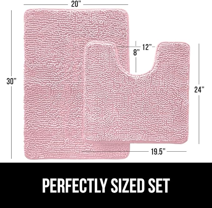 GORILLA GRIP Bathroom Rug Sets, Soft Chenille 2 Piece Area Rugs Set, Toilet Base Mat and 30x20 Carpet, Absorbent Microfiber Washable Mats Dry Quickly, Home Décor and Bath Room Accessories, Lt Pink