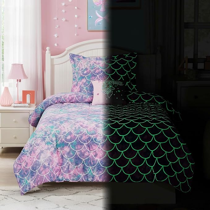 Twin Comforter Set for Girls-3 Pieces Mermaid Glow in The Dark Twin Bedding Sets for Kids,1 Comforter,1 Sham and 1 Decor Pillow