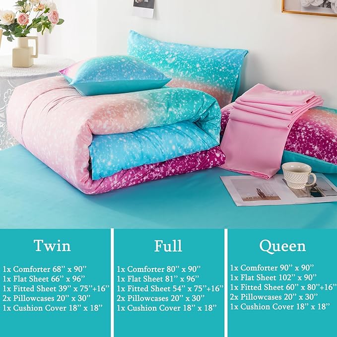 URBONUR Full Size Comforter Set for Girls Glitter 6 Pieces Bed in A Bag Comforter Set with Sheets Ombre Rainbow Bedding Set Kids Teen Girls Bed Set for Full Bed