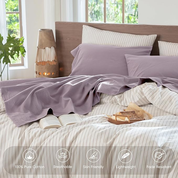 MooMee Bedding Sheet Set 100% Washed Cotton Linen Like Textured Breathable Durable Soft Comfy (Solid Taro Purple, Queen)