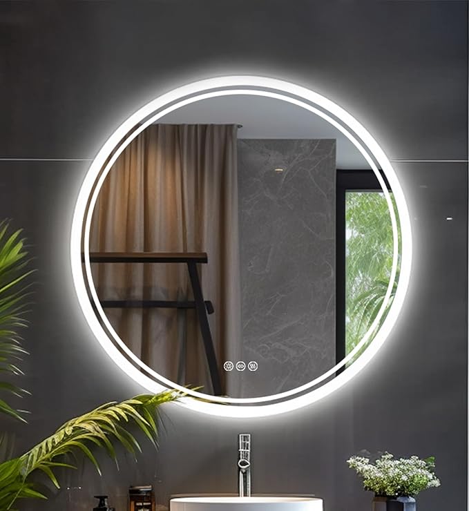LUVODI Lighted LED Bathroom Mirror: 24”Round Wall Mounted Large Lighted Makeup Mirror with Bright Back Lit - Illuminated Dimmable 3 Colors Vanity Mirrors with Demister Pad Smart Touch Switch