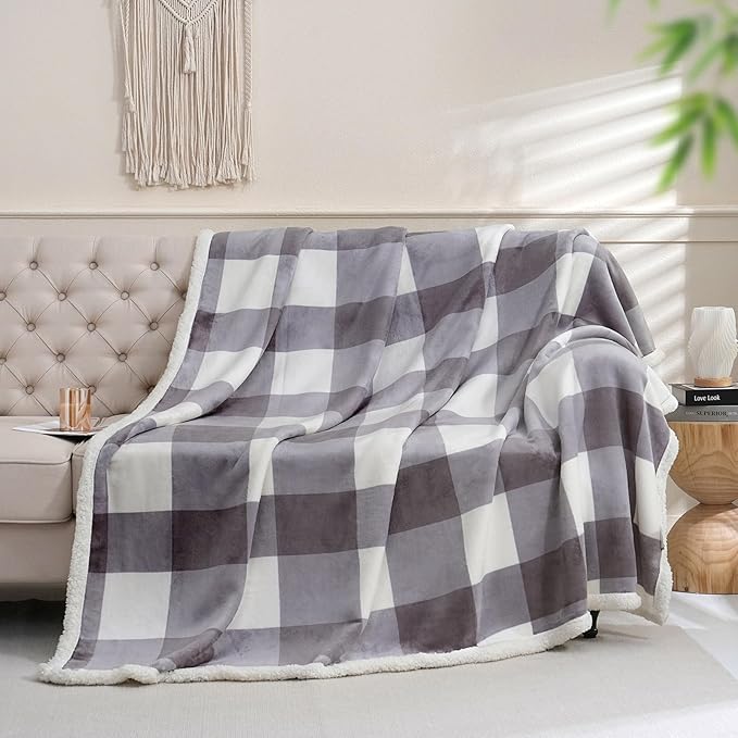 Sherpa Blanket Throw Blanket for Couch Sherpa Fleece Blanket Fluffy Checkered Soft Blanket for All Season Use Cozy Thick Warm Big Throws (Grey-Soft White, 80"*90")