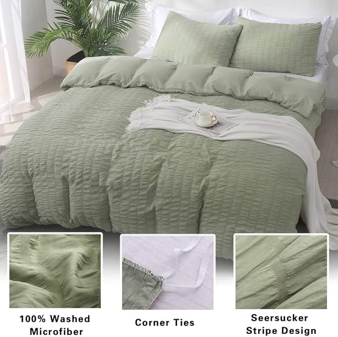 AveLom Green Duvet Cover Queen(90 x 90 inches), 3 Pieces (1 Duvet Cover, 2 Pillow Cases),Seersucker Tripe Soft Washed Microfiber, Textured Duvet Cover Set with Zipper Closure, Corner Ties