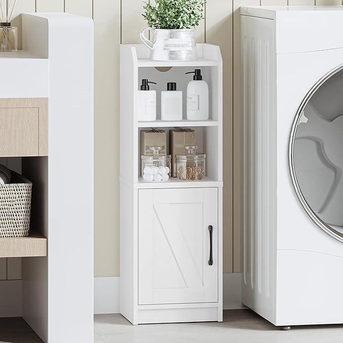 Bathroom Storage Cabinet, Small Farmhouse Corner Floor Cabinet with Door and Shelves, Narrow Toilet Paper Holder Stand, Bathroom Organizer with Adjustable Shelf, for Small Spaces, White