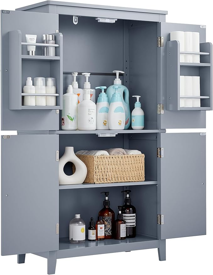 Freestanding Storage Cabinet with 4 Doors,Elegant Organizer Unit with Adjustable Shelves, Sturdy MDF Frame, Anti-Tipping Design, Large Capacity for Bathroom, Kitchen, Office, Home, Grey