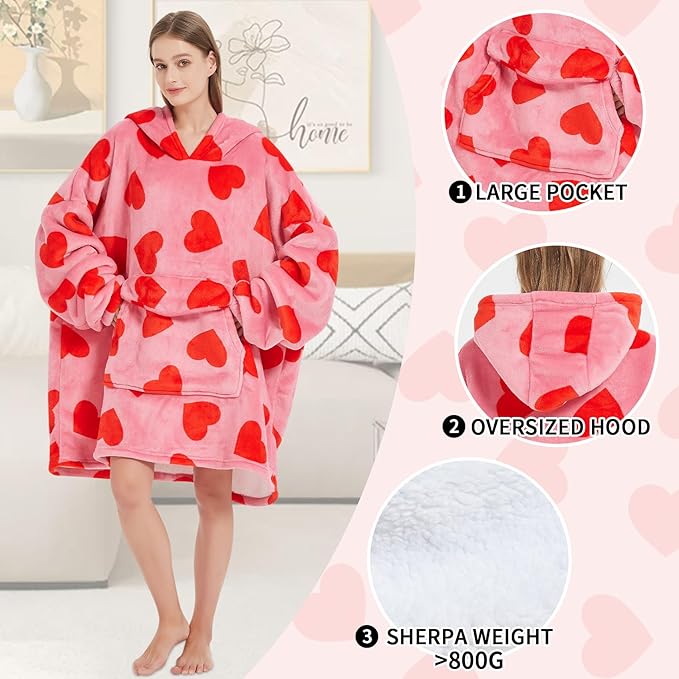 Wearable Blanket Hoodie for Adult,Oversized Sherpa Fleece Blanket Hoodie for Women Men,Heart