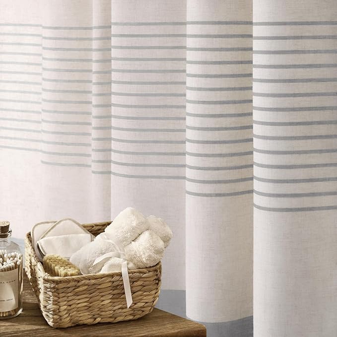 Awellife Farmhouse Grey Shower Curtain for Bathroom Linen Texture Stripe Tassel Shower Curtain 72 X 78 Inches Neutral