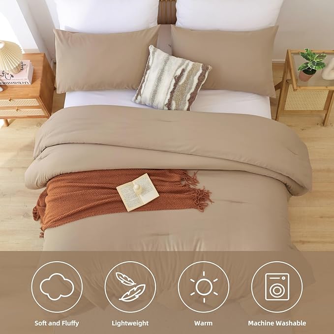 ROSGONIA Oversized King Comforter Taupe Brown, 3pcs(1 Boho Tan Comforter & 2 Pillowcases), Lightweight Oversized King Size Comforter Sets Soft Bedding
