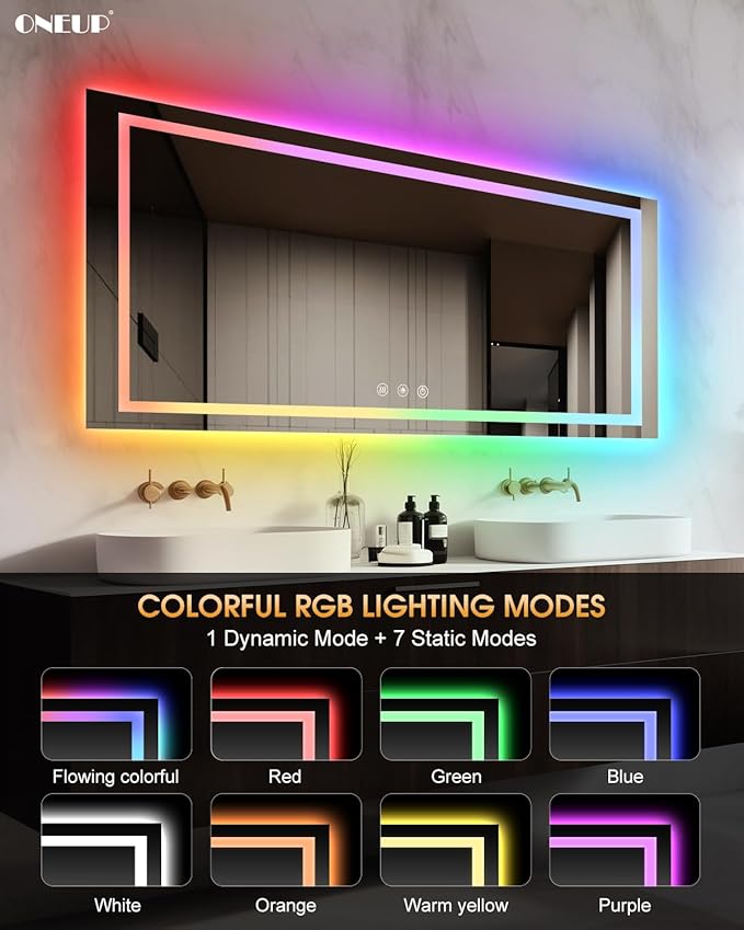 oneup 60x30 Inch Smart LED Bathroom Mirror,RGB Color Changing Bathroom Mirror with Lights,Anti-Fog Wall-Mounted Vanity Mirrors,Dimmable Multicolor Lighted,IP54 Waterproof