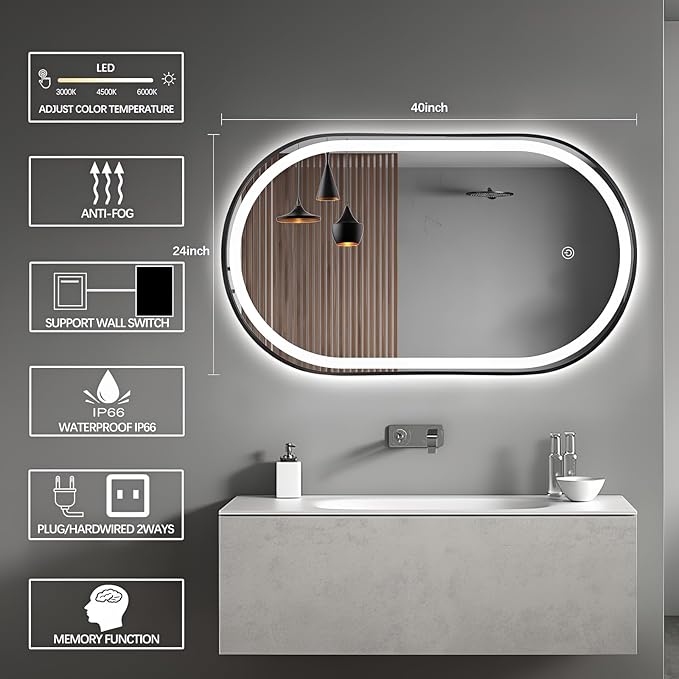 Oval LED Bathroom Mirror, 40"x24" Lighted Wall Mounted Vanity Mirror with Metal Frame, Anti-Fog IP66 Waterproof Smart Mirror, Memory Function, (Horizontal or Vertical), Black