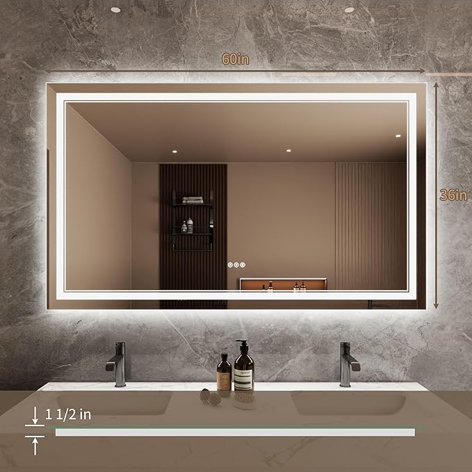 Bathroom Mirror with Lights 36"X60" with Front Light and Backlit, Tempered Glass, Wall Mount Horizontal/Vertical, Stepless Dimmable, 3 Colors, Anti Fog, Bathroom Memory LED Mirror