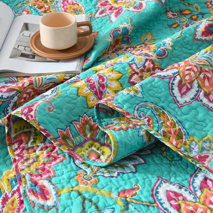 Cotton Bedspread Bedding Coverlet Quilt Sets, Reversible Vintage Branch Floral Bedspread comforters, (Vintage Turquoise Paisley Floral Pattern, Queen Size)
