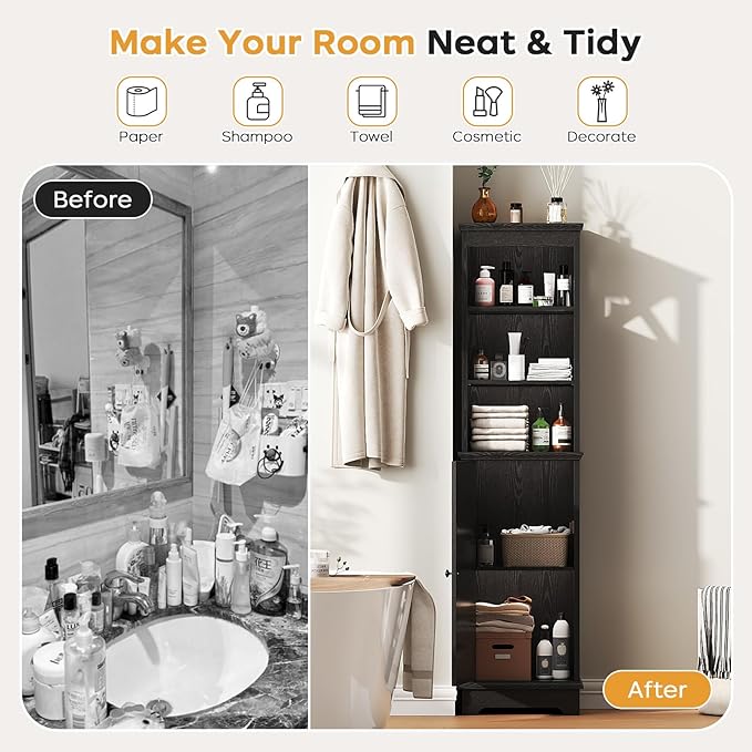 Tall Bathroom Storage Cabinet with Door and Open Adjustable Shelves, 60.9" H Wooden Tower Corner Narrow Farmhouse Cabinet, Freestanding Organizer for Kitchen, Entryway Black