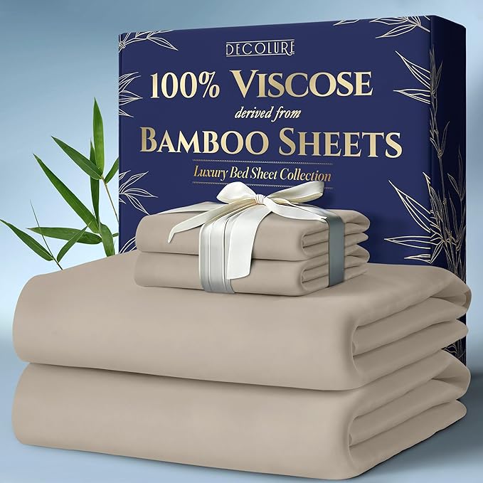 DECOLURE 100% Viscose Derived from Bamboo Sheets Cal King Size 4pcs - Ultra Soft & Luxuriously Cooling, 17" Deep Pocket, Double Stitching, Perfect for Hot Sleepers - King Bed Sheets (Taupe)