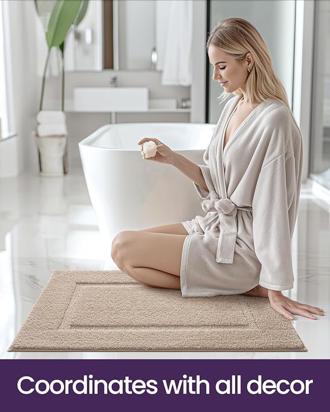 DEXI Bathroom Rugs Set 2 Piece 24x16, Washable Non Slip Bath Mat for Shower Floor, Absorbent Quick Dry Bathmat with Rubber Backing, Ultra Soft Plush Carpet for Tub, Beige