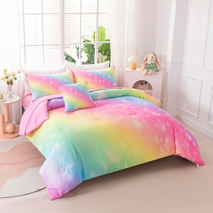 6Pcs Twin Size Comforter Set for Girls Kids, Gradient Rainbow Glitter Girls Bedding Set with Sheets, Soft & Breathable Kids Bed for Gift Bedroom Decor